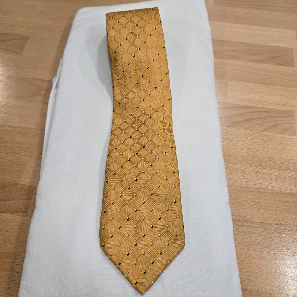 Canali Gold 100% Silk Tie Woven Check Pattern Luxury Menswear Necktie Italy